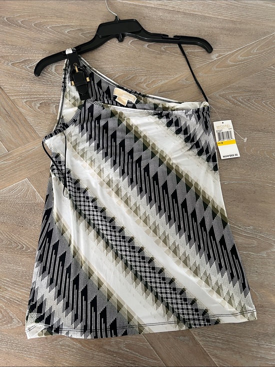 Michael Kors Dresses & Skirts - Michael Kors Black, White & Olive One-Shoulder Printed Top